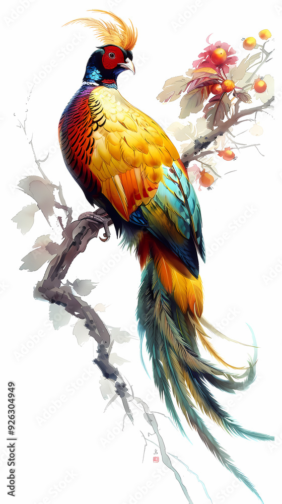 Fototapeta premium golden pheasant,Luxurious golden pheasant with an open tail.