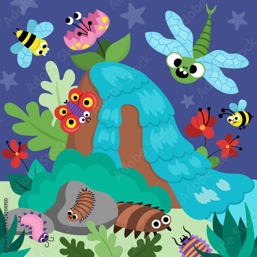 Vector square scene with ancient insects. Dinosaur period landscape illustration. Cute prehistoric scenery with maganevra, butterfly, bumblebee, centipede, waterfall. Funny dino scene for kids