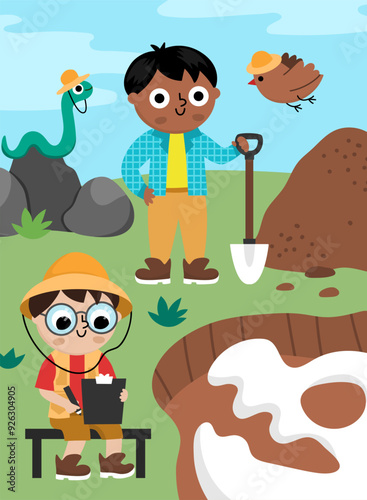 Vector landscape illustration with paleontologists digging dinosaurs fossils and bones. Cute scene with prehistoric animal scientist on the dig. Dino archaeologists scenery with funny boys, bird