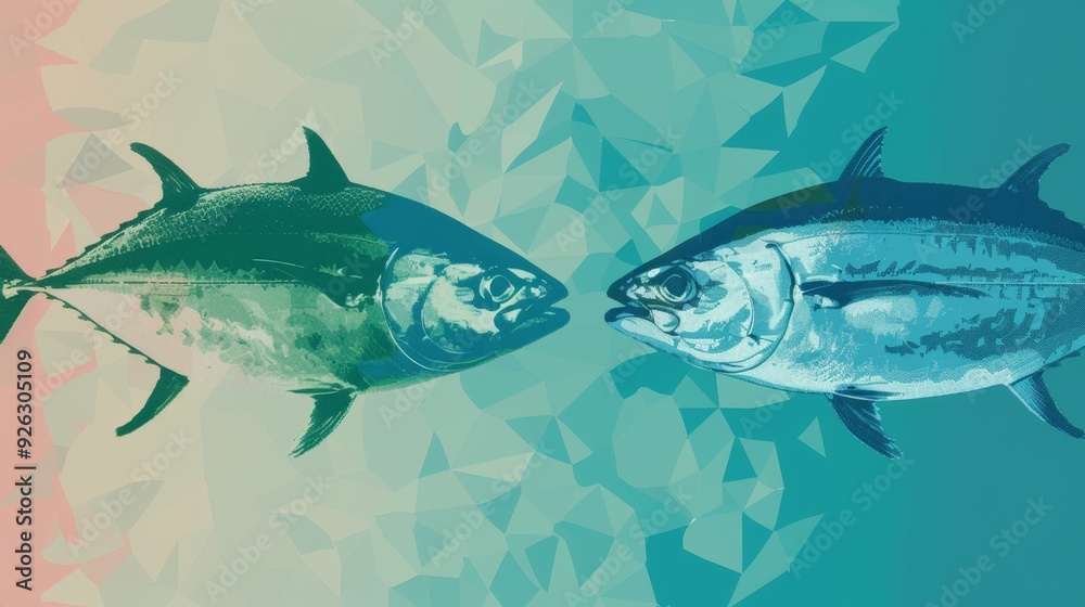two tuna fish facing each other, gradient shades of blue and green with a geometric polygonal background transitioning from light to teal tones. two tuna fish facing each other, gradient shades of blue and green with a geometric polygonal background transitioning from light to teal tones.