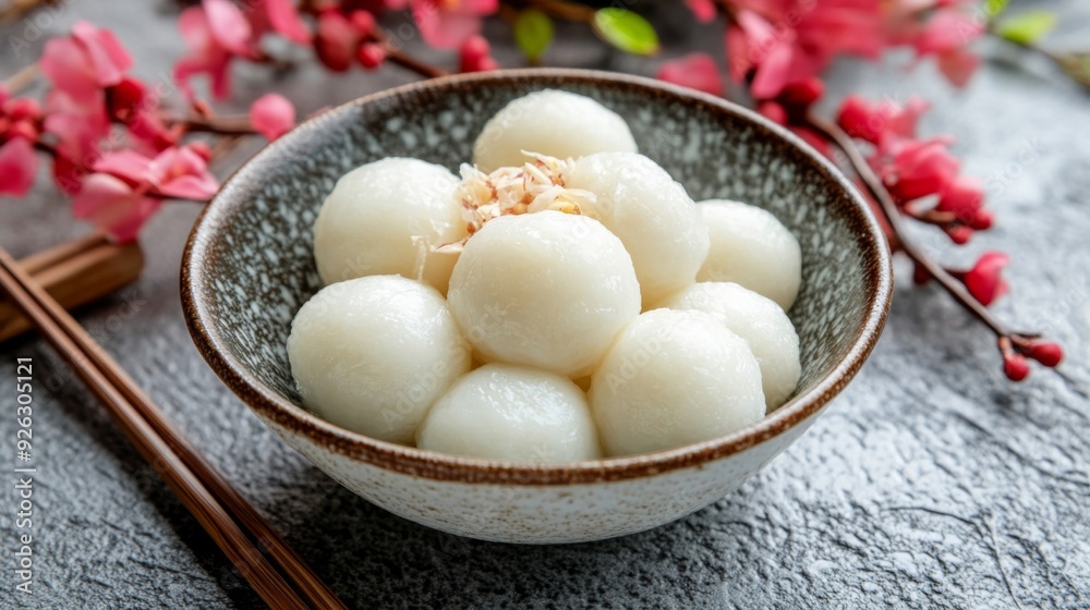 Tangyuan Delight: Vibrant Red and White Rice Dumplings in Bowl, Traditional Chinese Winter Solstice Treat Close Up Tangyuan Delight: Vibrant Red and White Rice Dumplings in Bowl, Traditional Chinese Winter Solstice Treat Close Up