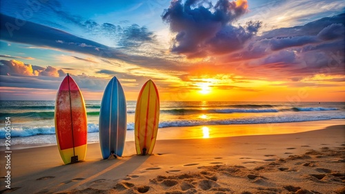 Colorful surfboards on sandy beach with ocean in background during sunset, surfboards, colorful, beach, sand, sea, ocean