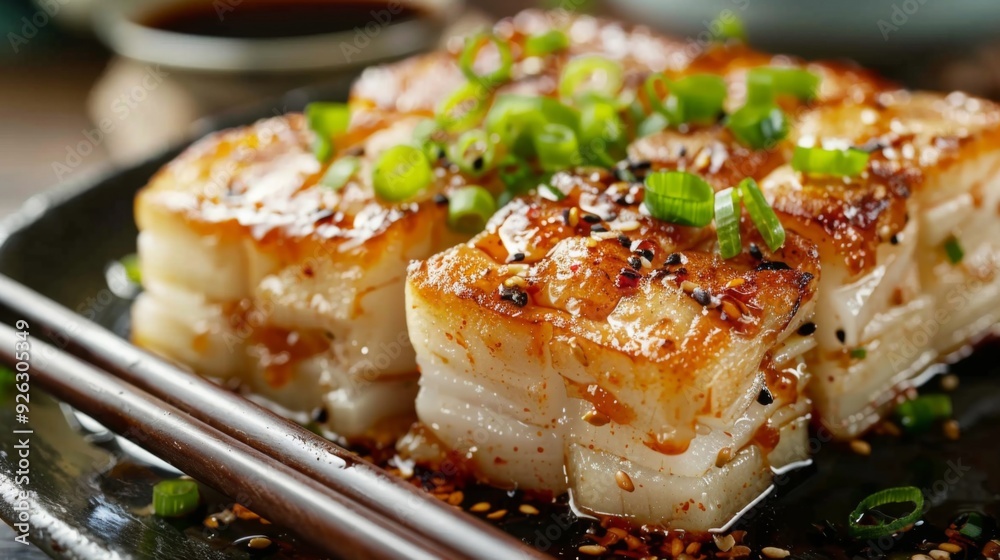 Authentic Chinese Turnip Cake Served with Soy Sauce and Chopsticks in Local Restaurant - Close up with Copy Space Authentic Chinese Turnip Cake Served with Soy Sauce and Chopsticks in Local Restaurant - Close up with Copy Space