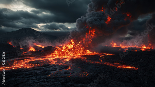 A fiery landscape with a volcano in the background