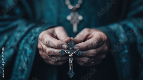 An elderly person’s hands clasp an ornate cross tightly, emphasizing the intricate design and textures, signifying faith and devotion in a close-up shot.