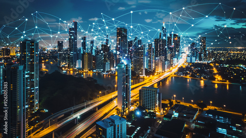 Smart digital Innovation city with connection network reciprocity over the cityscape. of future smart wireless digital city and social media networking systems that connects people with in city