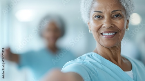 An elderly woman with grey hair, dressed in blue scrubs, extends her arm with a big smile, managing to capture a caring and joyful moment in a healthcare setting.