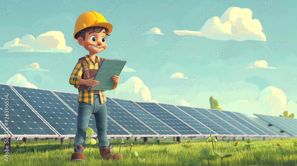 custom made wallpaper toronto digitalCartoon vector engineer inspecting a solar farm with rows of solar panels