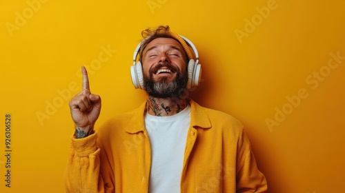 A bearded, tattooed individual wearing white headphones and a yellow jacket, shown against a vibrant yellow backdrop, is deeply engaged in listening to music. photo