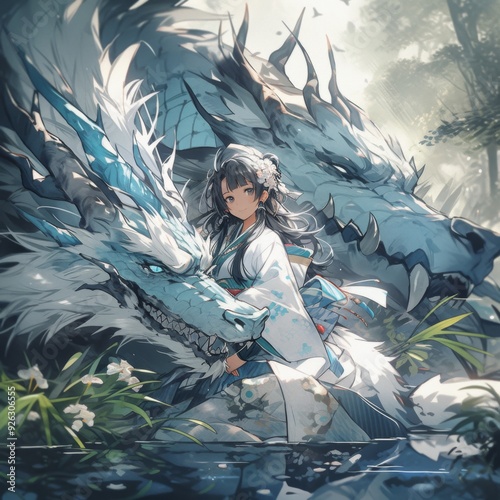 Enchanting Anime-Style Illustration: A Japanese Girl and Dragon in a Forest, a Whimsical Fairy Tale Art Piece, Ideal for Fantasy Game Concepts, Storybook Illustrations, and 4K Wallpapers