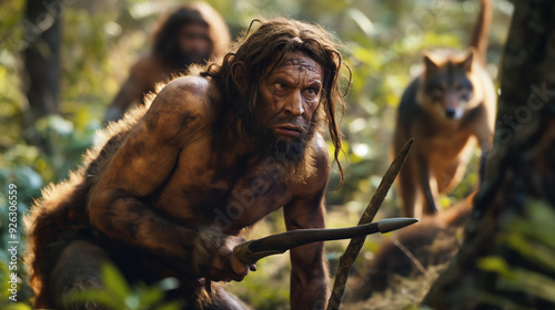 Neanderthals with spears and Mousterian weapons hunting in a dense forest. photo