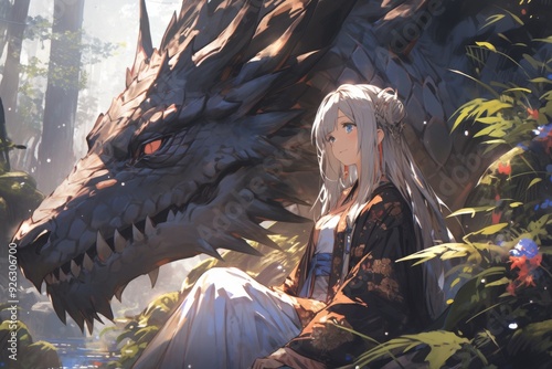 Enchanting Anime-Style Illustration: A Japanese Girl and Dragon in a Forest, a Whimsical Fairy Tale Art Piece, Ideal for Fantasy Game Concepts, Storybook Illustrations, and 4K Wallpapers