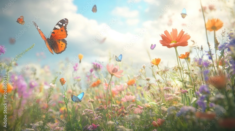 Butterflies and Flowers in a Sunny Meadow Butterflies and Flowers in a Sunny Meadow