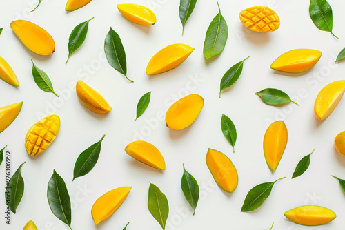 Mango with half slices with green leaves isolated on white background. Abstract background.