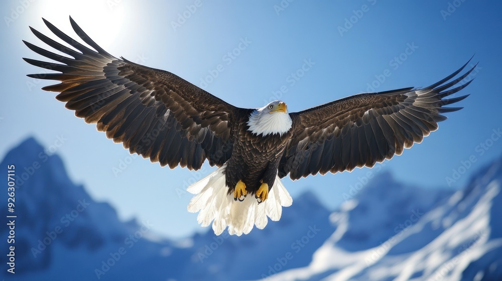 Bald Eagle Soaring Over Snowy Mountains Bald Eagle Soaring Over Snowy Mountains
