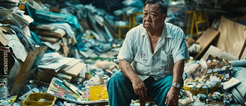 Introspective Asian Artist Surrounded by Art Supplies in Studio.