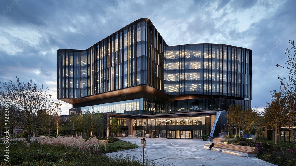 Obraz premium Modern architectural design of a sleek office building at dusk, showcasing innovative structure and vibrant landscape.