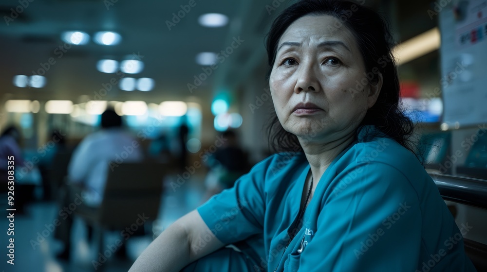 Fototapeta premium Asian Nurse in Hospital Lounge Taking a Break During Night Shift.