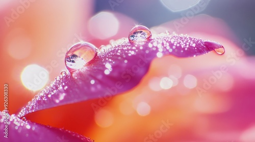 Dewdrops on a Pink Flower Petal with Soft Bokeh Background