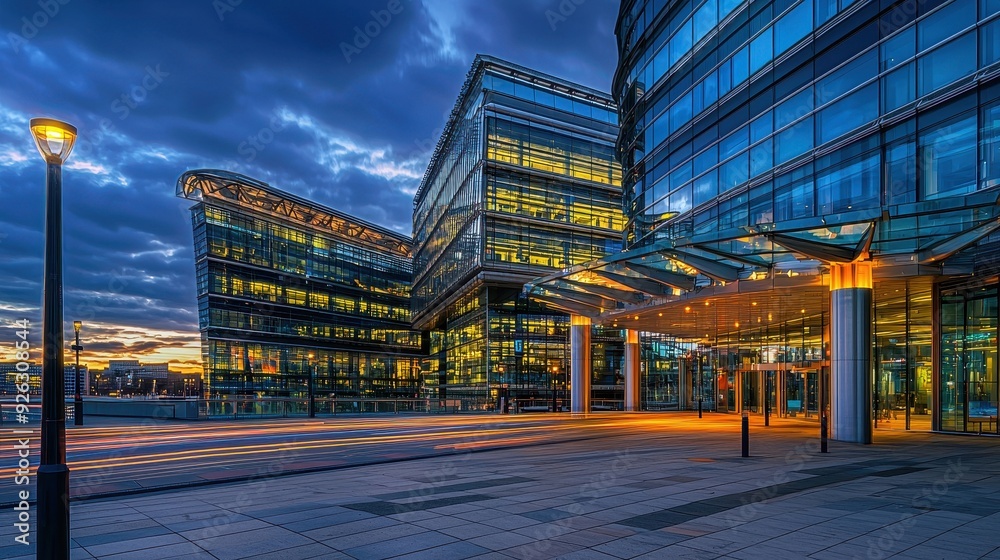 Fototapeta premium Modern office building exterior illuminated at sunset, showcasing sleek architecture and vibrant colors in an urban setting.