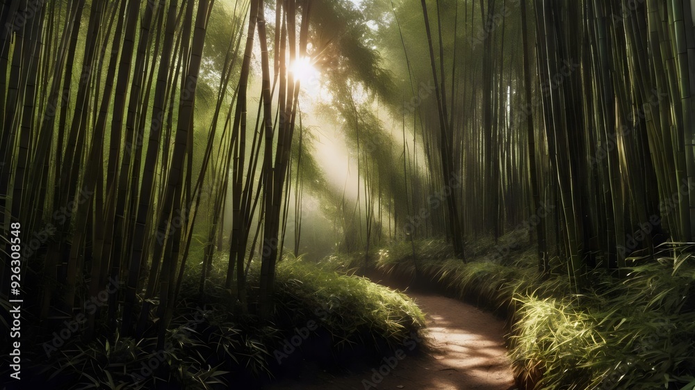 Fototapeta premium A dense bamboo forest with sunlight filtering through the tall stalks, and a serene path leading deeper into the green expanse