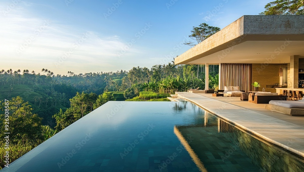 Fototapeta premium Modern house with infinity pool overlooking lush jungle.