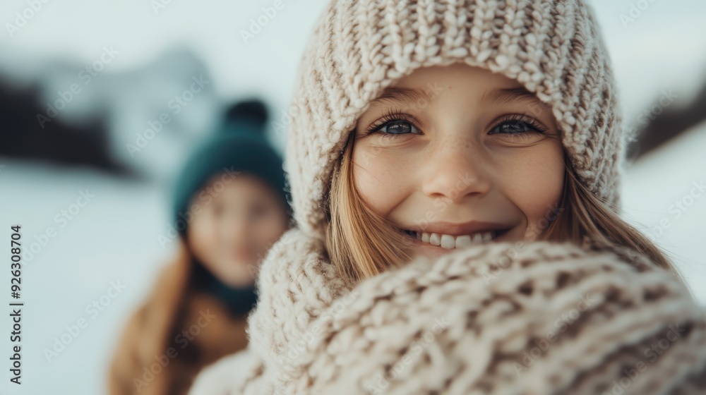 A young girl is smiling brightly in a snowy environment, wearing a cozy knit hat and scarf, capturing the essence of childhood joy and the magic of winter. A young girl is smiling brightly in a snowy environment, wearing a cozy knit hat and scarf, capturing the essence of childhood joy and the magic of winter.