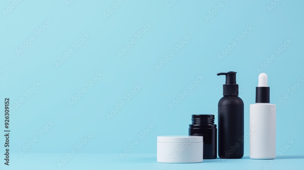 Minimalist Skincare Bottles on Light Blue Background Minimalist Skincare Bottles on Light Blue Background