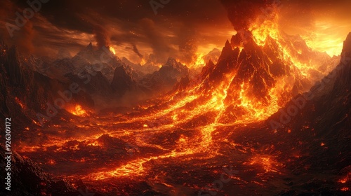 Earth's Fiery Fury - Apocalyptic Landscape with Molten Lava Flowing from Massive Fissures