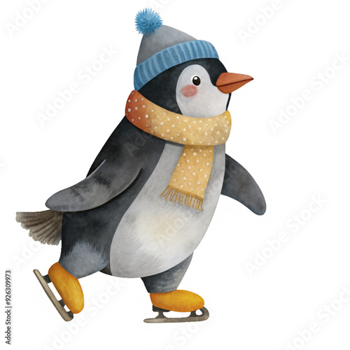 Penguin ice skating watercolor illustration for kids clothes and prints isolated clipart