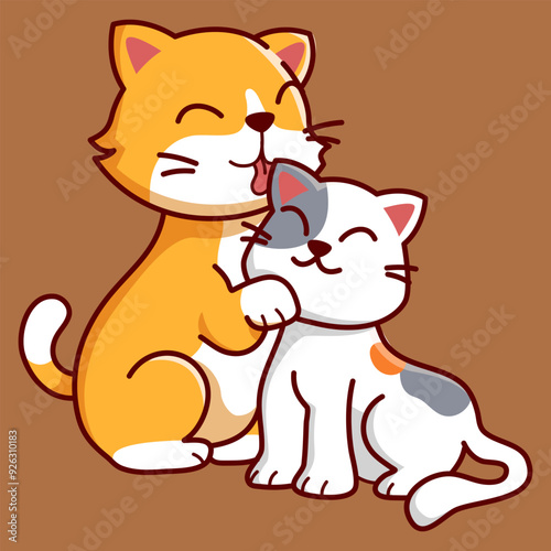 cute cat licking her doughter Vector Illustration Icon. Flat Cartoon Style