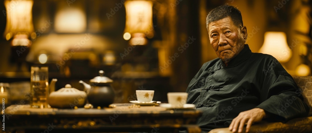Elderly Asian Man Sipping Traditional Tea in Sparse Room Reflecting Fatigue Elderly Asian Man Sipping Traditional Tea in Sparse Room Reflecting Fatigue