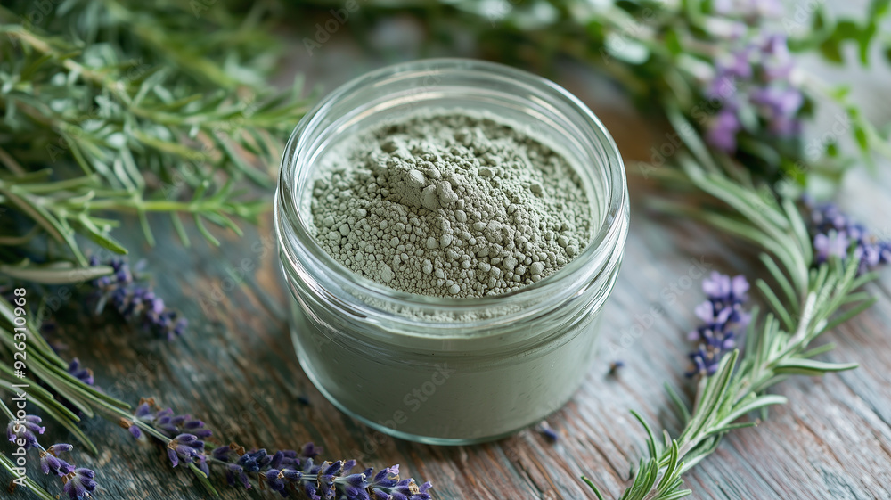 A close-up of a glass jar filled with green bentonite clay, surrounded by fresh herbs like lavender and rosemary, on a rustic wooden table, in natural daylight. Ai generated A close-up of a glass jar filled with green bentonite clay, surrounded by fresh herbs like lavender and rosemary, on a rustic wooden table, in natural daylight. Ai generated