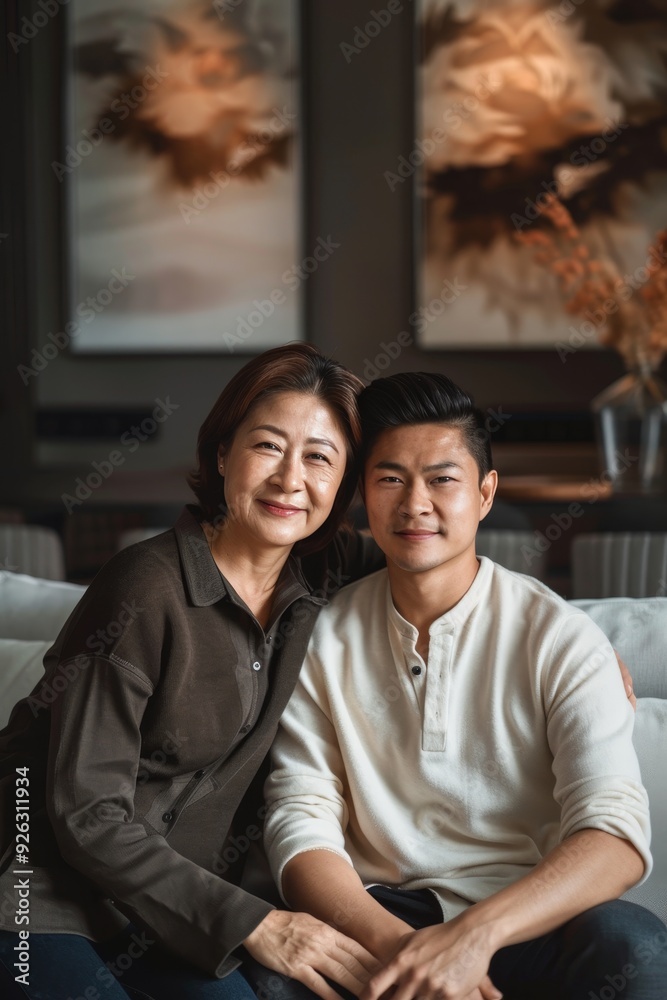 Fototapeta premium Cozy Asian Mother and Son Relaxing Together on a Modern Sofa