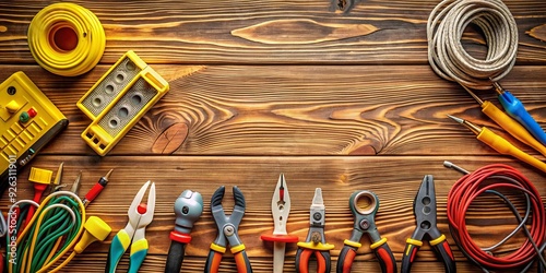 Electrician tools and equipment set on wooden background, electrician, tools, equipment, wire stripper photo