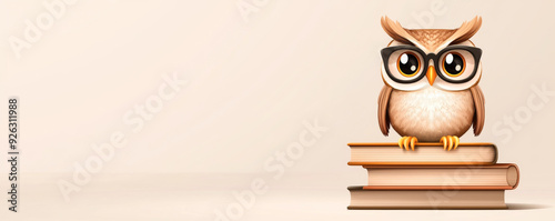 A cute owl wearing glasses perched on stacked books, symbolizing knowledge and wisdom, ideal for educational themes. photo