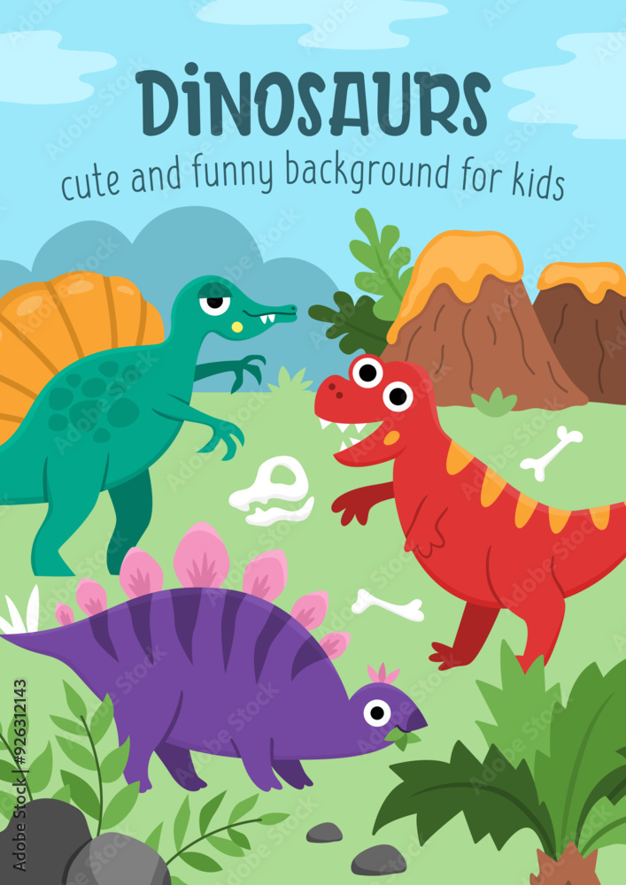 Obraz premium Vector vertical scene with dinosaurs. Ancient period landscape illustration. Cute prehistoric background or book cover for kids with T-rex, spinosaurus. Funny dino scene for kids