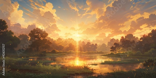 Enchanting Anime-Style Radiant Sunshine Anime Landscape: A Vivid Display of Atmospheric Grandeur in a Captivating Anime Style for 4K Art Enthusiasts