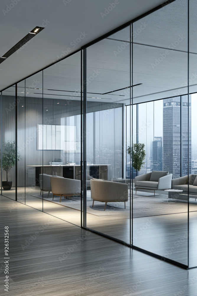 Fototapeta premium Glass partitioned, Modern office interior featuring glass partitions, emphasizing space and transparency. A chic lounge area is present with minimalist furniture. The elegant setup
