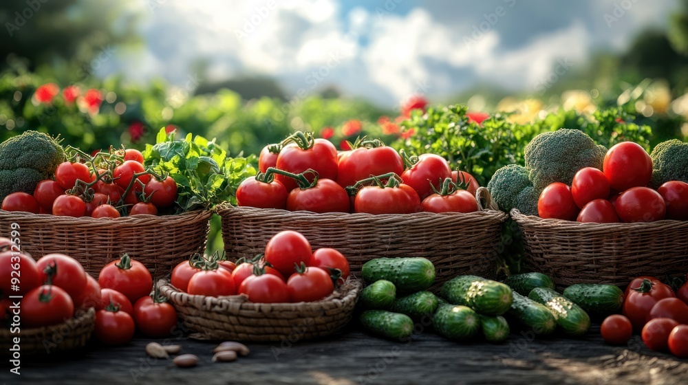 Fresh Harvest of Tomatoes, Broccoli, and Cucumbers - A vibrant display of freshly harvested tomatoes, broccoli, and cucumbers in wicker baskets, set in a lush garden setting. Fresh Harvest of Tomatoes, Broccoli, and Cucumbers - A vibrant display of freshly harvested tomatoes, broccoli, and cucumbers in wicker baskets, set in a lush garden setting.