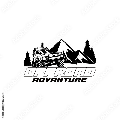 White off-road car logo vector illustration. With views of mountains and pine trees, across rocky terrain. Perfect for logos, posters, stickers and t-shirts