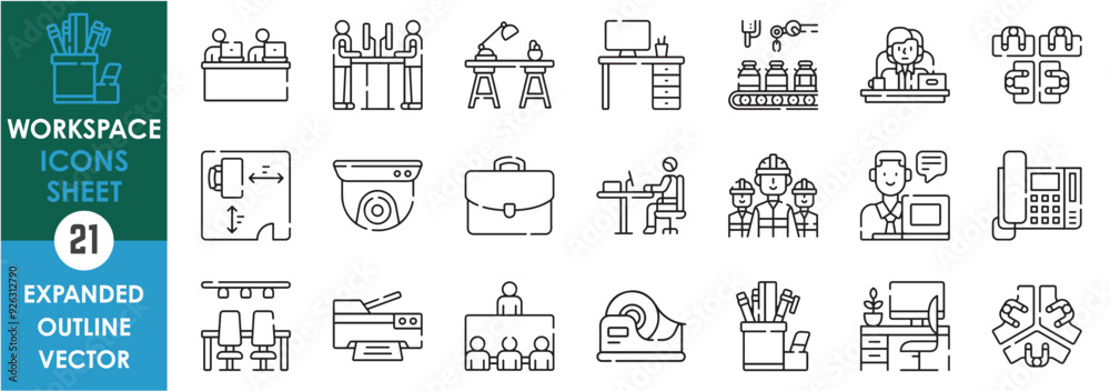 A set of line icons related to Workspace. Office, job, computer, table, employee, labor, placements, meeting, arrangement, cctv, printer, and so on. Vector outline icons set. A set of line icons related to Workspace. Office, job, computer, table, employee, labor, placements, meeting, arrangement, cctv, printer, and so on. Vector outline icons set.