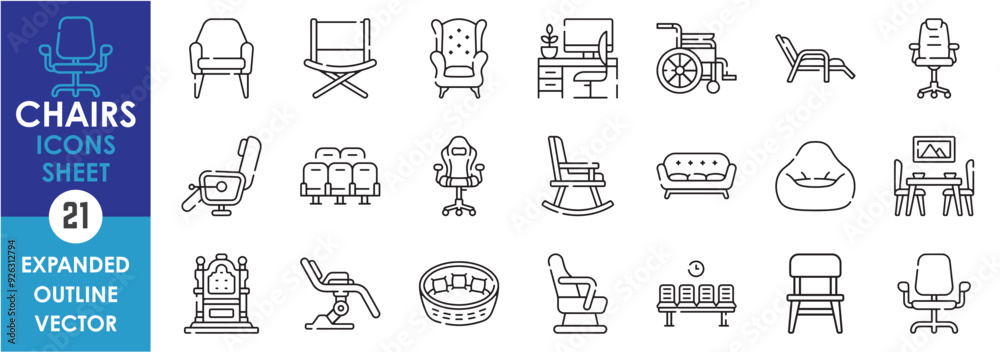 A set of line icons related to Chairs. Rocking, gaming, office, dinner, modern, saloon, gynecology, throne, cinema, waiting room, wheelchair, and so on. Vector outline icons set. A set of line icons related to Chairs. Rocking, gaming, office, dinner, modern, saloon, gynecology, throne, cinema, waiting room, wheelchair, and so on. Vector outline icons set.
