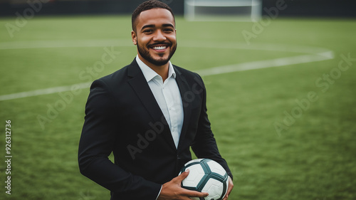 A man in a black suit, smiling warmly as he holds a football on a soccer field surrounded by the vibrant green of the pitch. Ai generated
