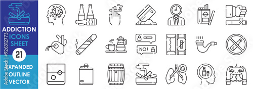 A set of line icons related to Addiction. Smoke, drink, drugs, issue, stop, gaming, coffee, tobacco, chewing gum, lungs, addict, and so on. Vector outline icons set.
