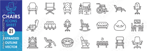 A set of line icons related to Chairs. Rocking, gaming, office, dinner, modern, saloon, gynecology, throne, cinema, waiting room, wheelchair, and so on. Vector outline icons set.