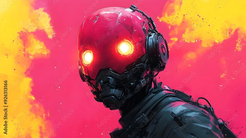 Dystopian Character with Glowing Red Robotic Mask on Vibrant Background