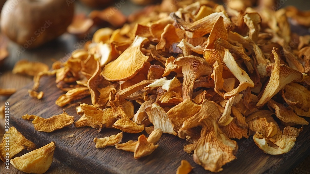A Variety of Dried Mushrooms in Rustic Setting for Culinary Creations A Variety of Dried Mushrooms in Rustic Setting for Culinary Creations