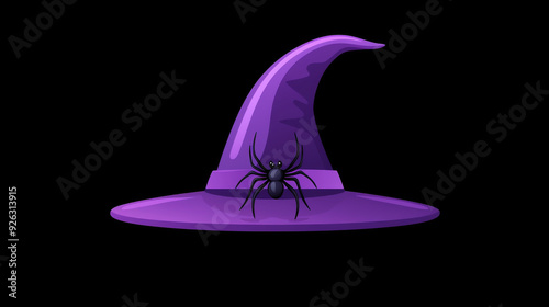 A vibrant purple witch hat adorned with a spider, perfect for Halloween decorations and spooky themes.