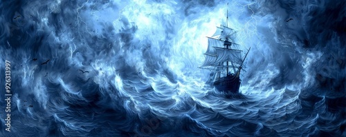 Ancient Mariner's Ship Battling Stormy Sea with Mythical Creatures. photo